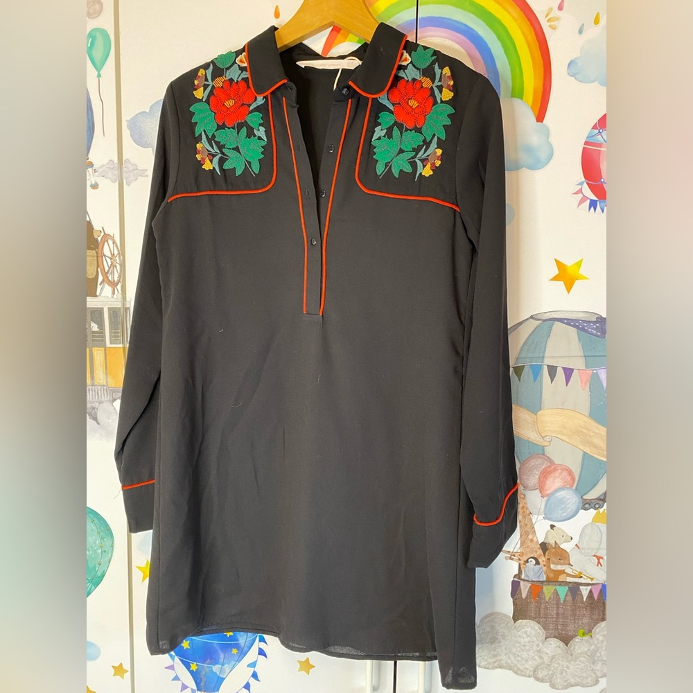 Zara Black Tunic Dress with Red and Green Floral Embroidery